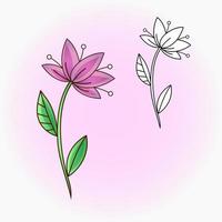 Vector drawing of a decorative lily flower with stamens and leaf. Vector flat illustration.  Icon, sticker.  Cartoon illustration. Coloring page.