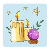 Cute Mystic icon. Cartoon colorful Magical element collection. Kawaii astrology icons of magic ball, candles, pentagram, stars, herbs vector stuff.