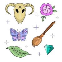 Set of magical elements. Butterfly, flower, ram skull, broom, leaf, diamond. Vector cartoon illustration. Magic icons kit.