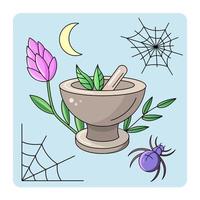 Cute Mystic  icon. Cartoon colorful Magical element collection. Kawaii astrology icons of mortar and pestle, cobweb, spider, crescent moon, herbs, flowers vector stuff.