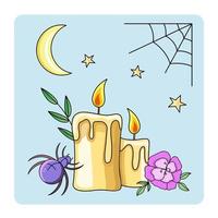 Cute Mystic  icon. Cartoon colorful Magical element collection. Kawaii astrology icons of candles, flower, spider, stars, web, crescent, branches vector stuff.
