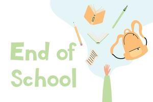 Education concept. End of school. A schoolboy throws school objects into the air. Flat style. Vector illustration.