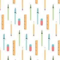 Childish pattern with school items. Drawn pattern with pen, pencil, eraser. Vector illustration.