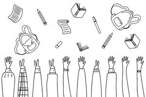 Education concept. End of school. Schoolchildren throw school objects into the air. Doodle style. Vector illustration.