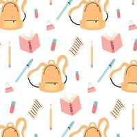 Childish pattern with school items. Drawn pattern with school bag, pen, pencil, eraser. Vector illustration.