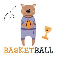 The bear plays basketball. Let's play. Children's basketball game poster, hand drawn. Vector illustration.