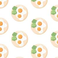 Pattern with fried eggs.  pattern with scrambled eggs and greens on a plate. Vector illustration in cartoon style.