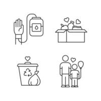 Volunteering linear icons set. Altruistic activity. Blood and food donation, orphans care, garbage disposal. Thin line contour symbols. Isolated vector outline illustrations. Editable stroke