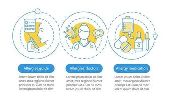 Plantilla infográfica vectorial de ayuda médica para alergias. guía, doctores. elementos de diseño de presentación de negocios. visualización de datos con tres pasos, opción. gráfico de línea de tiempo del proceso. diseño de flujo de trabajo con iconos vector