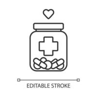 Medical aid linear icon. Nursing service. Medical volunteering. Course of treatment. Bottle with drugs, heart. Thin line illustration. Contour symbol. Vector isolated outline drawing. Editable stroke