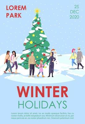 Winter holidays brochure template. Christmas tree. Xmas, New Year celebration event flyer, booklet, leaflet concept with flat illustrations. Page layout for magazine. Advertising invitation with text