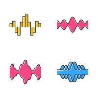 Sound waves color icons set. Audio, music, radio signal waves. Vibration, synergy, motion lines. Digital curve soundwaves frequency. Voice recording, dj track waveform. Isolated vector illustrations