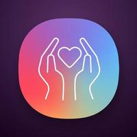 Hands with heart app icon. Volunteering activity. Nonprofit organization. Charity humanitarian project. Friendship, love. UI UX user interface. Web or mobile application. Vector isolated illustration