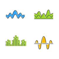 Sound waves color icons set. Noise, vibration frequency. Volume, equalizer level wavy lines. Music waves, rhythm. Digital curve soundwaves logotype. Radio signal. Isolated vector illustrations
