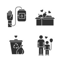 Volunteering glyph icons set. Altruistic activity. Blood and food donation, orphans care, garbage disposal. Silhouette symbols. Vector isolated illustration