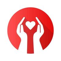 Hands with heart flat design long shadow glyph icon. Volunteering activity. Nonprofit organization. Charity project. Friendship and love. Humanitarian help. Vector silhouette illustration
