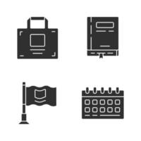 Office accessories glyph icons set. Corporate attributes, company worker tools silhouette symbols. Business supplies vector isolated illustrations. Working notepad, desk calendar, briefcase and flag.