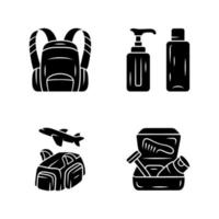 conjunto de iconos de glifo de accesorios de viaje. mochila, bolsa de lona, contenedores reutilizables. vuelo, bolsa de viaje, neceser, contenedor. equipamiento turístico. símbolos de silueta. ilustración vectorial aislada