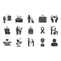 Volunteering glyph icons set. Reliance on volunteers in problem solving. Social activity. Volunteerism. Community service help. Silhouette symbols. Vector isolated illustration