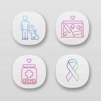 Volunteering app icons set. Humanitarian assistance. Animals welfare, donation box, medical aid, awareness ribbon. UI UX user interface. Web or mobile applications. Vector isolated illustrations