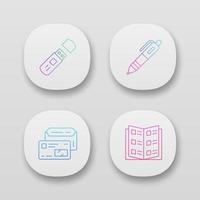 Office work accessories app icons set. UI UX user interface. Web or mobile applications. Business attributes vector isolated illustrations. Flash drive, pen, company catalog and envelope with id card