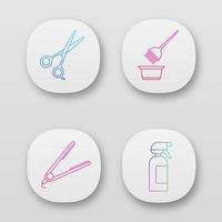 Hairdress app icons set. Haircut, hair dyeing, straightening. Scissors, coloring tools, straightener, spray bottle. UI UX user interface. Web or mobile applications. Vector isolated illustrations