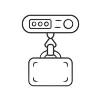 Electronic luggage linear icon. Weighing suitcase with digital weights. Baggage weight limit charge, fine. Thin line illustration. Contour symbol. Vector isolated outline drawing. Editable stroke