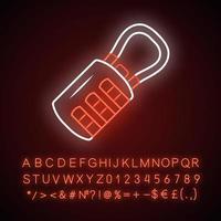 Combination, passcode hanging lock neon light icon. Luggage, baggage safety and theft protection item. Glowing sign with alphabet, numbers and symbols. Vector isolated illustration