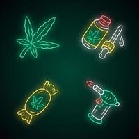 conjunto de iconos de luz de neón de productos de malezas. industria cannábica. aceite de cbd y dulces. legalización de la marihuana. distribución de cáñamo, venta. medicación alternativa. signos brillantes. Ilustraciones de vectores aislados