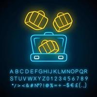 Suitcase packing, organising cubes neon light icon. Organizer for baggage, luggage packing. Compression, space bags. Glowing sign with alphabet, numbers and symbols. Vector isolated illustration