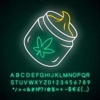 Hemp cream neon light icon. Cannabis cosmetic product. Ganja sale. Jar of weed lotion. Pharmaceutical CBD oil herbal cream. Glowing sign with alphabet, numbers and symbol. Vector isolated illustration
