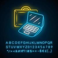 Laptop carrying case neon light icon. Notebook, gadget traveling bag. Computer carryon item. Technology protective casing. Glowing sign with alphabet, numbers and symbols. Vector isolated illustration