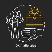 icono de concepto de tiza de alergias en la piel. sarpullido, dermatitis de contacto, idea de urticaria. luz solar, alimentos, medicamentos, picaduras de insectos reacción alérgica. ilustración de pizarra aislada vectorial
