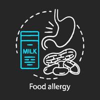 Food allergy chalk concept icon. Allergic reaction to milk proteins, nuts idea. Lactose intolerance. Stomach problems. Food allergens. Vector isolated chalkboard illustration