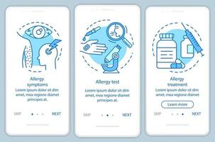 Allergy onboarding mobile app page screen with linear concepts. Allergic diseases symptoms, test, treatment walkthrough steps graphic instructions. UX, UI, GUI vector template with illustrations