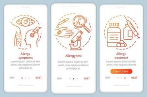 Plantilla de vector de pantalla de página de aplicación móvil de incorporación de alergia. síntomas de enfermedades alérgicas, prueba, tratamiento. paso a paso del sitio web con ilustraciones lineales. ux, ui, concepto de interfaz de teléfono inteligente gui