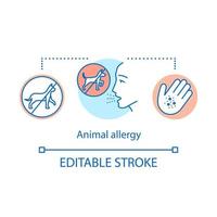 Animal allergy concept icon. Allergic reaction to cats and dogs fur, saliva, urine and dander. Pet allergens sensitivity idea thin line illustration. Vector isolated outline drawing. Editable stroke