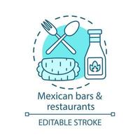 Mexican bars and restaurants concept icon. Kebab, hot pepper sauce, cutlery. Traditional burrito. Spicy meal bistro idea thin line illustration. Vector isolated outline drawing. Editable stroke