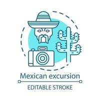 Mexican excursion concept icon. South American desert sights. Tour of Mexico. Camera, men head in sombrero, saguaro cactus idea thin line illustration. Vector isolated outline drawing. Editable stroke