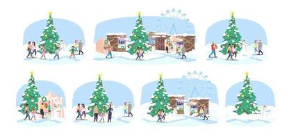 Christmas fair flat vector illustrations set. Winter market stalls, fairground with Xmas tree and attractions. Cartoon people walk New Year funfair. Winter holiday celebration city event, festival