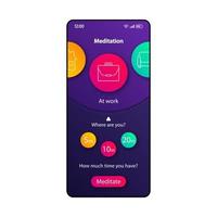 plantilla de vector de interfaz de teléfono inteligente de recordatorio de meditación. diseño de color de la página de la aplicación móvil. pantalla de notificaciones de tiempo de relajación. interfaz de usuario plana para la aplicación