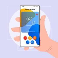 Screen video recorder smartphone interface vector template. Mobile app page color minimalist design layout. Multimedia screen. Flat UI for application. Hand holding phone with video record on display