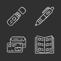 Office work attributes chalk icons set. Business accessories isolated vector chalkboard illustrations. Corporate worker kit. USB flash drive, automatic pen, company catalog and envelope with id card