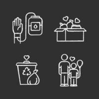 Volunteering chalk icons set. Altruistic activity. Blood and food donation, orphans care, garbage disposal. Isolated vector chalkboard illustrations