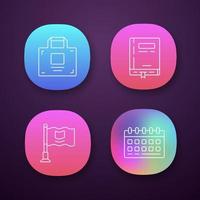 Office accessories app icons set. UI UX user interface. Web or mobile applications. Business supplies vector isolated illustrations. Working notepad, calendar, businessman briefcase and small flag