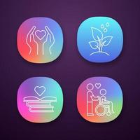 Volunteering app icons set. Charity project, disabled people help, trees planting, educational books distribution. UI UX user interface. Web or mobile applications. Vector isolated illustrations