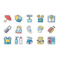 Travel accessories color icons set. Luggage, baggage and suitcase, backpack items. Tourism, trip equipment, tourist objects. Journey, vacation accessories. Isolated vector illustrations