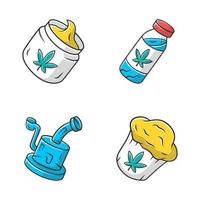 Weed products color icons set. CBD drink and cream. Glass rig. Ganja cupcake. Marijuana legalization. Hemp distribution and sale. Cannabis industry. Isolated vector illustrations