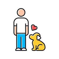 Animals welfare and help color icon. Pup and master. Pet adoption from shelter. Animal emotional support. Volunteer activity. Man with faithful dog. Isolated vector illustration