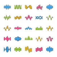 Sound and audio waves color icons set. Music digital curve soundwaves. Voice recording, radio signals. Vibration, noise amplitudes level. Abstract waveforms, wavy lines. Isolated vector illustrations
